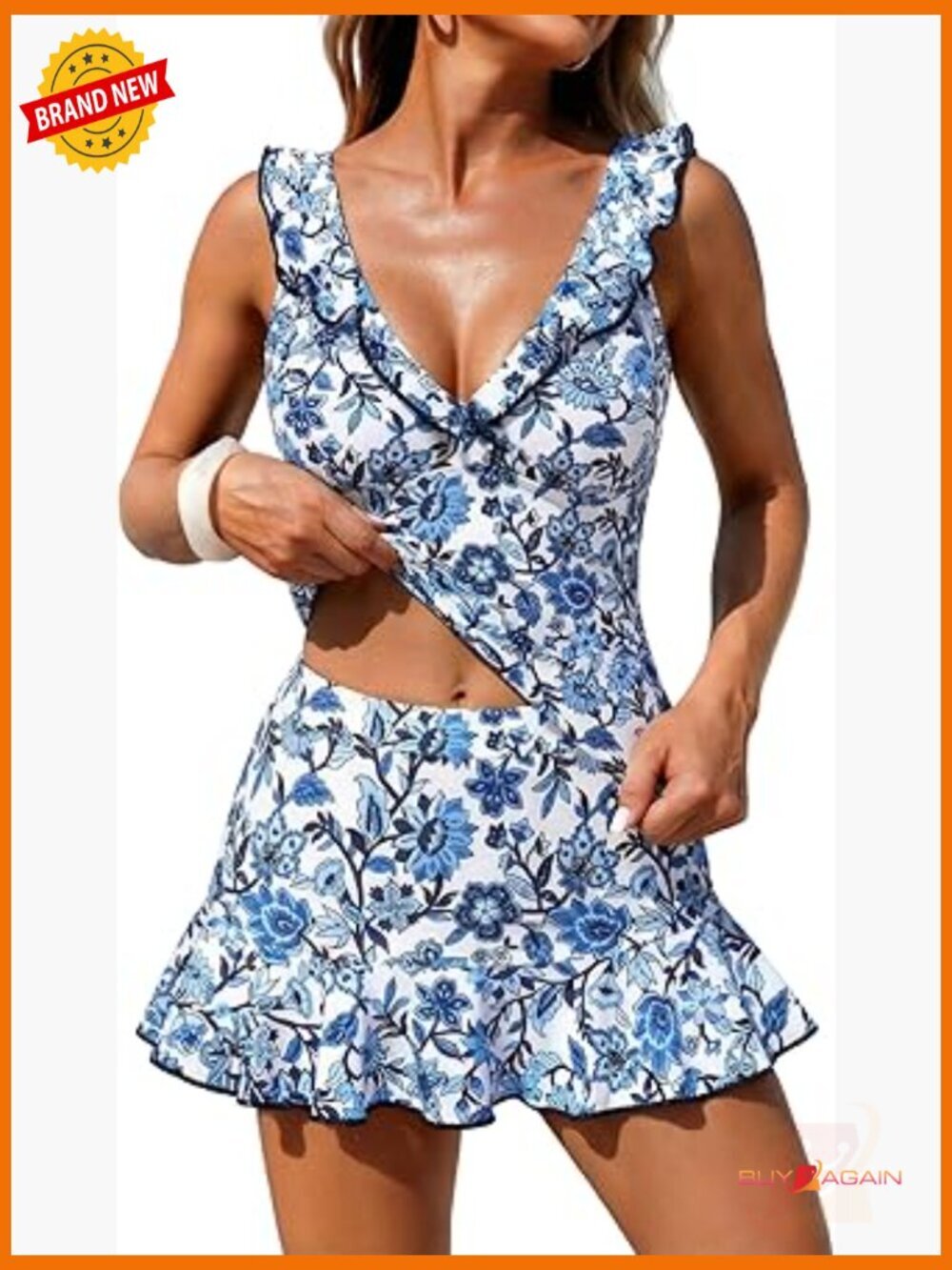 Women's Tankini Swim Set - V-Neck Ruffles Full Coverage Tank Top with Skirt